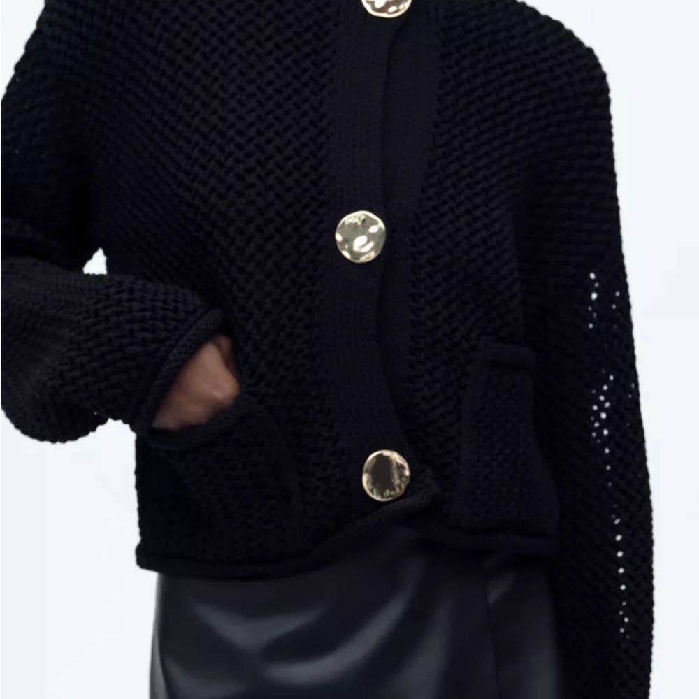 Stylish Black Knit Cardigan with Gold Buttons